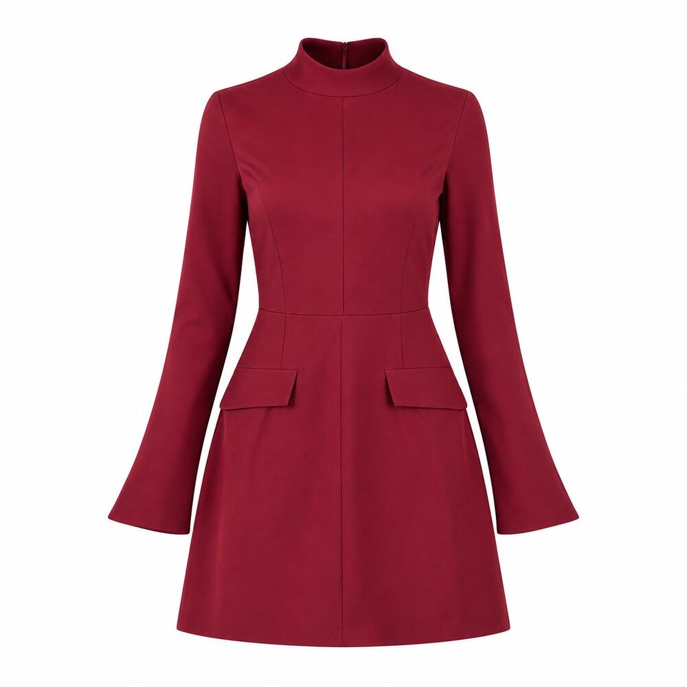 Commense Burgundy Mock Neck Bell Sleeve Mini Dress S